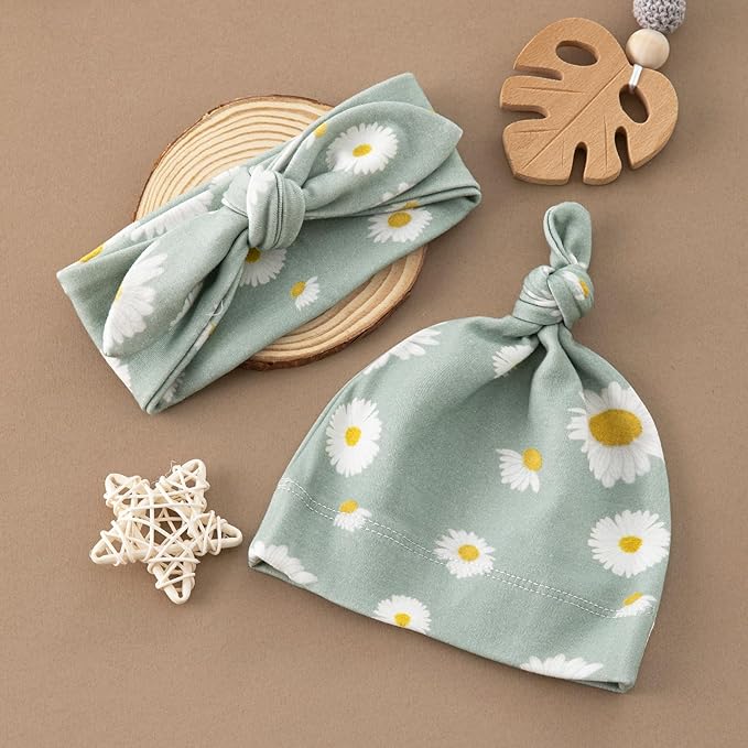 BabyWhale Muslin Swaddle Blanket with Hat and Headband Bow, Daisy Pattern Swaddle Set for Baby Boys & Girls, Soft Receiving Blanket, 47x47 inches, Green