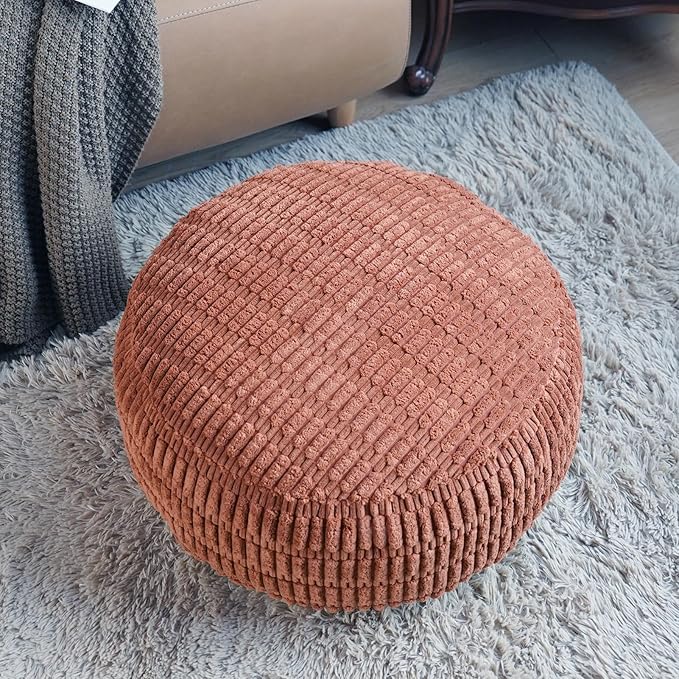 Unstuffed Pouf Ottoman Cover Soft Storage Extra Seat Farmhouse Comfortable Bohemian Poufs Accent Footrest 20x20x8 Inches for Living Room Bedroom Study Nook (Caramel B, Round)