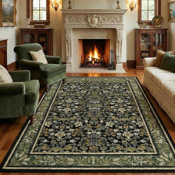 GarveeHome 8x10 Washable Area Rugs for Living Room, Boho Vintage Large Rug for Bedroom Soft Non Slip Low Pile Indoor Stain Resistance Throw Carpet for Dining Room Office Green Black