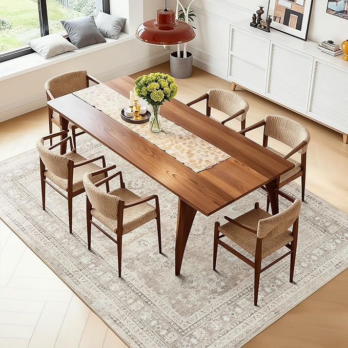 Lessymo 5x7 Area Rugs for Living Room, Machine Washable Non Slip Rug, Soft Low Pile Carpet for Bedroom Dining Home Office, Vintage Beige Distressed Floral Floor Mat