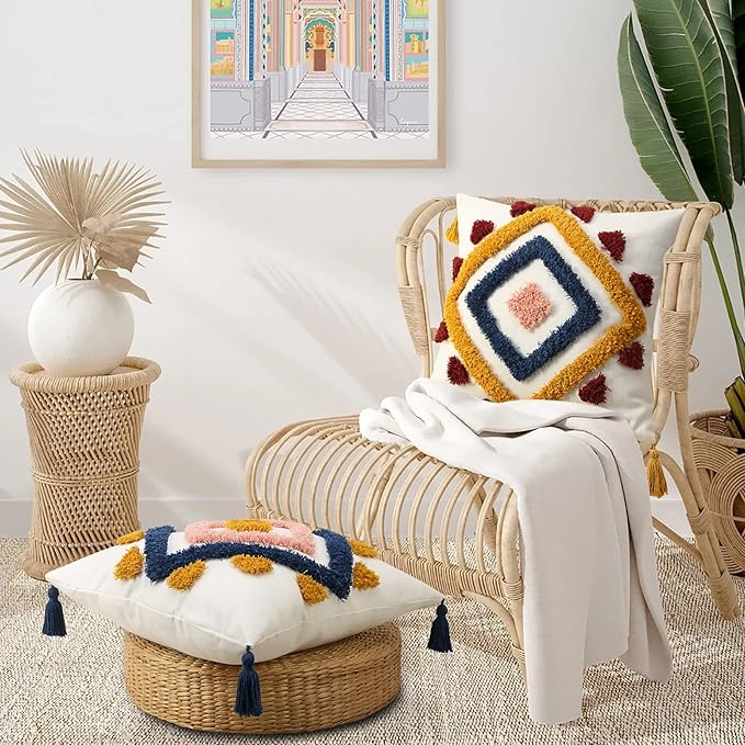 Merrycolor Boho Throw Pillow Covers 20 x 20 Modern Geometric Diamond Boho Pillows Decorative Throw Pillow Cases Yellow Blue Pink Soft Woven Tufted Pillow Cushion for Couch Sofa Bedroom Living Room