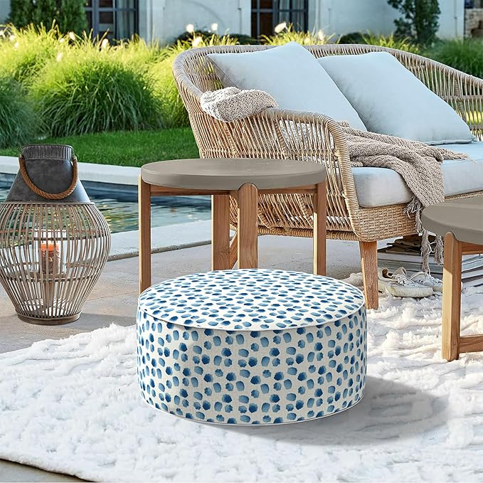 Indoor/Outdoor Inflatable Ottoman D21 x H9 inch, Round Footstool Inflatable Foot Rest Ottoman with Handle, Portable Ottomans Pouf for Patio, Garden, Camping, Home, Brush Blue