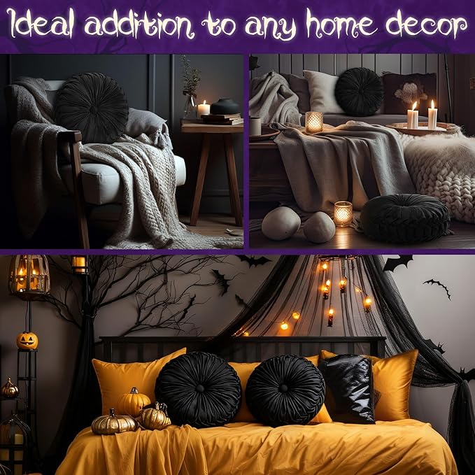 2 Pcs Round Throw Pillows 15 Inch Decorative Velvet Pleated Pumpkin Pillows Boho Floor Pillow with Center Button for Living Room Couch Chair Bed Sofa Home Decoration (Black)