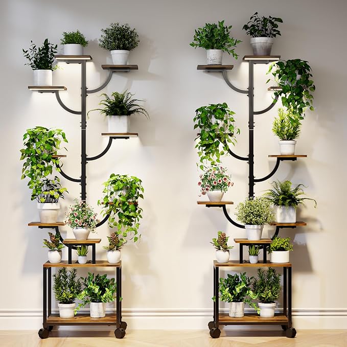 Plant Stand Indoor with Grow Lights - 9-Tier Plant Stand with Wheels, Tall Metal and Wood Indoor Plant Shelf with Tree Design, Rolling Flower Pot Holder Rack with Waterproof Finish, Adjustable Display Stand for Home Garden, Patio, 62" Tall