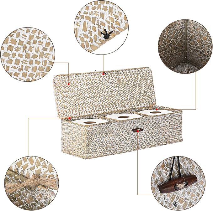 Sumnacon Extended Seagrass Storage Basket with Lid 3-Section Wicker Storage Basket,Small Woven Shelf Basket for Toiletries Tampon Storage,Seagrass Basket for Shelf Bathroom Toilet Counter,Whitewash