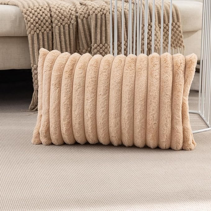 ZLINA Set of 2 Apricot Faux Fur Decorative Throw Pillow Covers Fluffy Striped Pillowcase Cushion Covers 12 x 20 Inch Decor Sofa Couch Bedroom