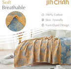 jinchan Boho 100% Cotton Muslin Twin Size 60x80 Inches Blanket Lightweight 4-Layer Quilted Soft Yellow and Blue Floral Throw Blanket Reversible Comfy Flower Breathable All Seasons Couch Bedroom Decor