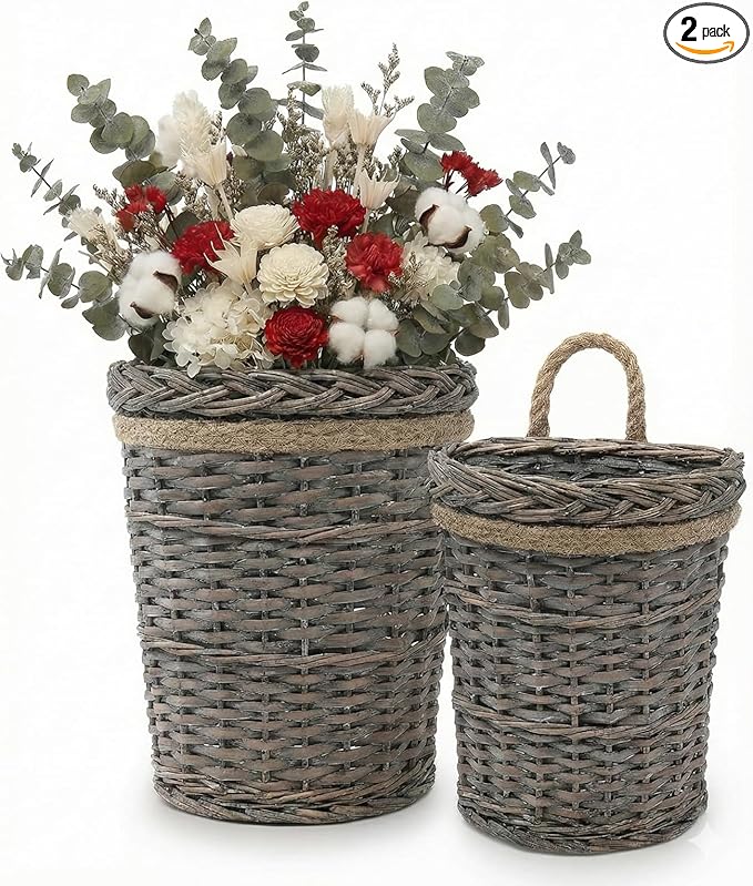 AceList 2-Pack Woven Wicker Wall Hanging Baskets, Grey Willow Wall Pocket Decor for Faux Florals & Storage - Two sizes Nesting Farmhouse Baskets for Entryway, Living Room & Door