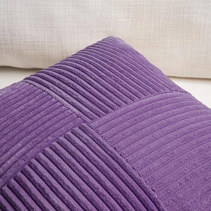 Fancy Homi 2 Packs Purple Decorative Throw Pillow Covers 18x18 Inch for Living Room Couch Bed, Boho Farmhouse Home Decor, Soft Corss Corduroy Patchwork Textured Square Cushion Case 45x45 cm