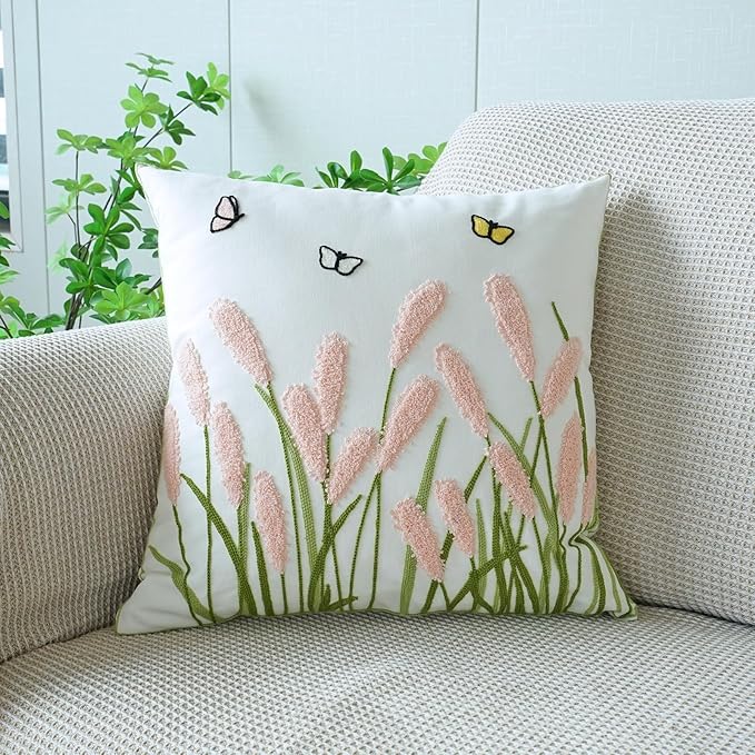 vctops Farmhouse Pampas Grass Cotton Tufted Throw Pillow Cover Boho Embroidery Pillowcase Soft Square Cushion Case for Sofa Couch Bed Chair (Light Pink,18"x18")