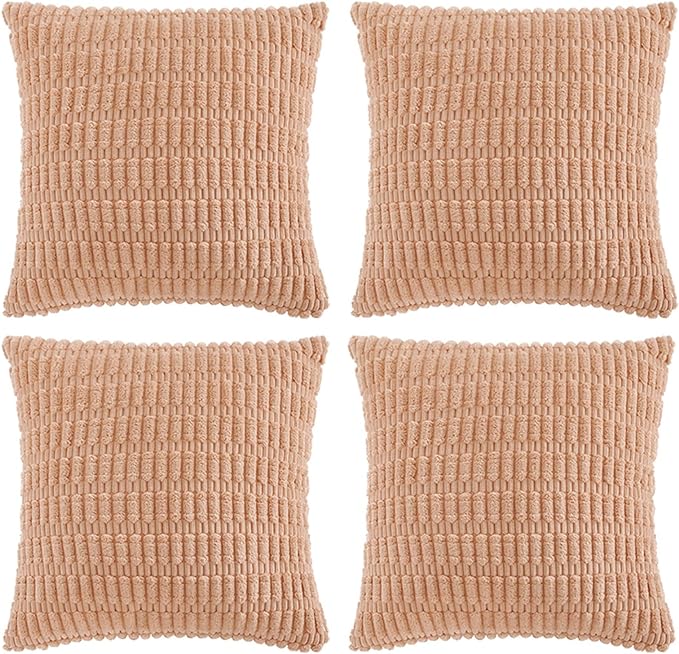 Fancy Homi 4 Packs Peach Decorative Throw Pillow Covers 16x16 Inch for Living Room Couch Bed, Rustic Modern Farmhouse Boho Home Decor, Soft Plush Corduroy Cute Square Accent Cushion Case 40x40 cm
