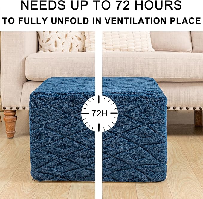 Fluffy Square Ottoman Pouf with All-in-One Foam Filling 20 x 14 Inches Furry Ottoman Foot Rest Foot Stool for Living Room or Bedroom (Navy)
