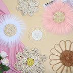 Chunful 7 Pcs Boho Wall Basket Decor Rattan Flower Wall Decor Nursery Daisy Flower Woven Macrame Hanging Flowers for Baby Kids Girls Farmhouse Bedrooms Living Rooms Kitchen Home(Pink)