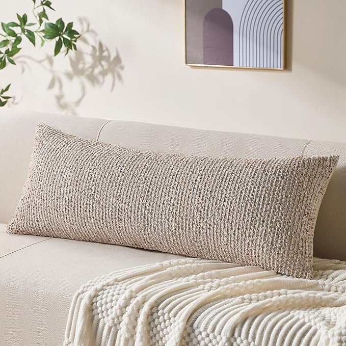 Decorative Lumbar Pillow Cover 14x36 Beige Striped Wool Long Body Pillow Neutral Textured Boho Lumbar Throw Pillow Cushion Covers for Modern Farmhouse Sofa Bed Living Room Decor SY011-A14