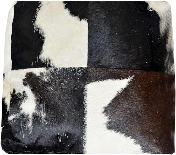 Unstuffed Premium Hair-on Leather Ottoman Pouf Cover, Boho Handmade Genuine Cowhide Square Footstool, Modern Cube Ottoman Footrest for Home Decor Living Room, Bedroom - 18X18 Inch, Black & White