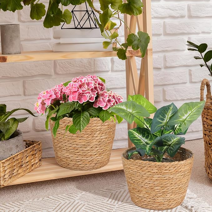 Woven Straw Flower Basket, Seagrass Planters Pot, Garden Plant Pot Containers Wicker Rattan Vase Sundries Organizer Storage Bins for Indoor Outdoor Plants