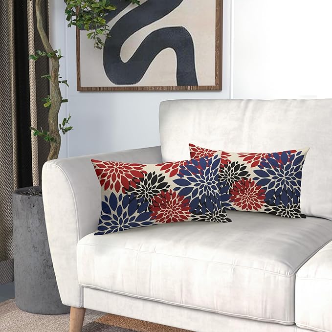 4th of July Pillow Covers 12X20 Inch Set of 2, Blue Red Black Modern Dahlia Floral Print Holiday Decorative Throw Pillow Covers Outdoor Farmhouse Cushion Case for Couch Sofa Bed Decor