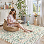 Lahome Boho Rugs for Living Room 5x7, Machine Washable Area Rugs Non-Slip, Vintage Floral Soft Kids Bedroom Carpet Rug for Home Girls Playroom Foyer Entryway, Beige/Multi