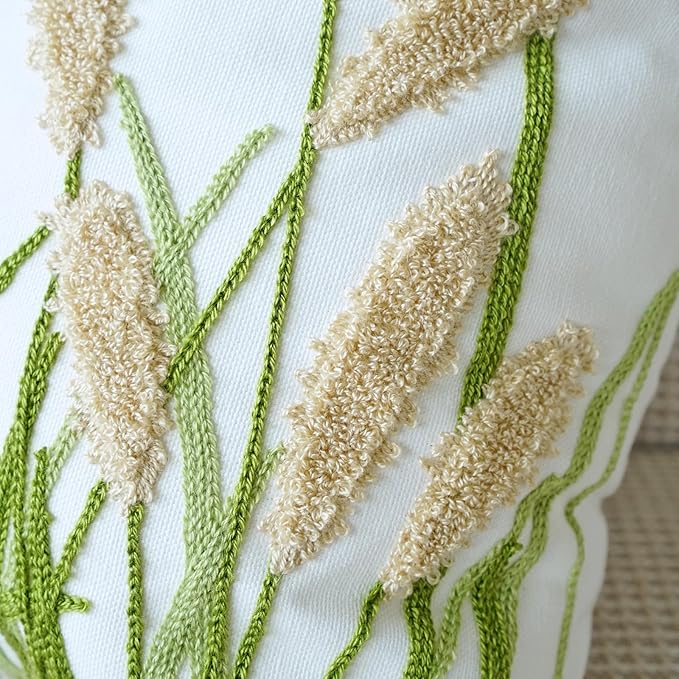 vctops Farmhouse Pampas Grass Cotton Tufted Throw Pillow Cover Boho Embroidery Pillowcase Soft Square Cushion Case for Sofa Couch Bed Chair (Khaki,18"x18")