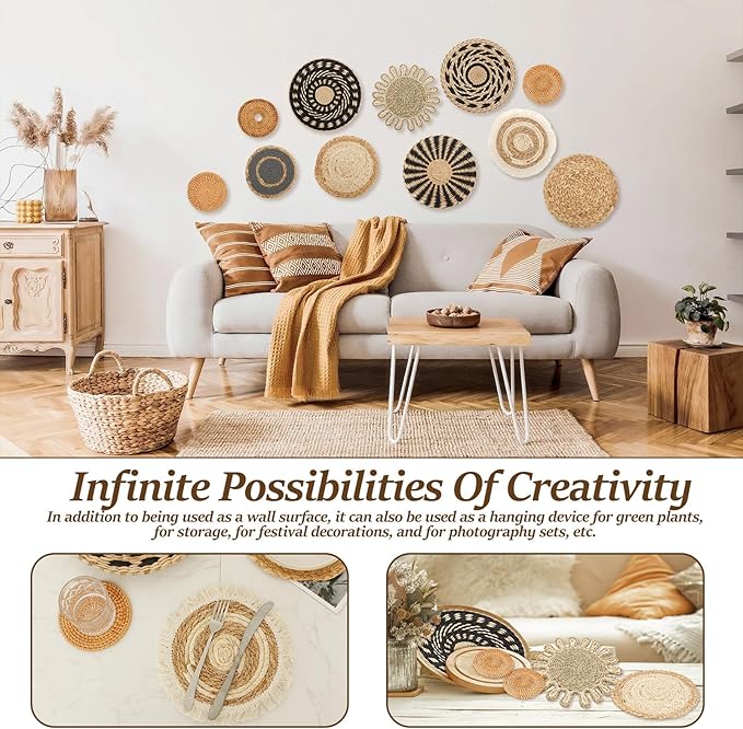 HJJWNDDNG 11 Pack Boho Wall Basket Decor Set, Hanging Woven Seagrass Rattan Wicker Boho Wall Decor, Round Farmhouse Wall Hanging Baskets Rustic Flat Wall Art for Living Room Bedroom Kitchen (Style 5)