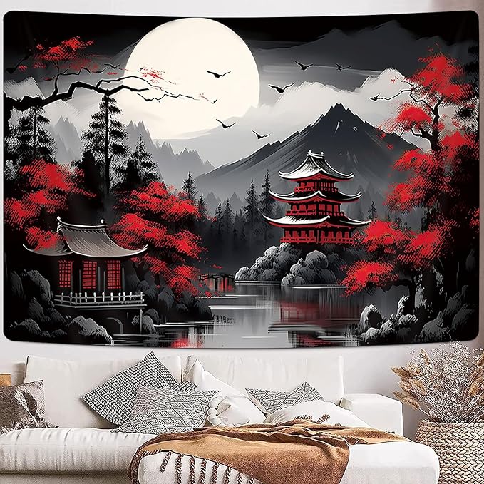 Mountain Forest Nature Tapestry for Bedroom, Black and White Moon Landscape Wall Hanging, Tree Sunset Dark Large Asia Japanese Tapestries Aesthetic Anime Art Decor for Living Room College Dorm, 60x40