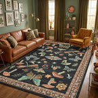 Mushroom 9x12 Area Rugs for Living Room Low-Pile Whimsical Cottage Core Insect Bug Butterfly Funky Dark Gothic Decor for Bedroom Nursery Dining Room Black Brown