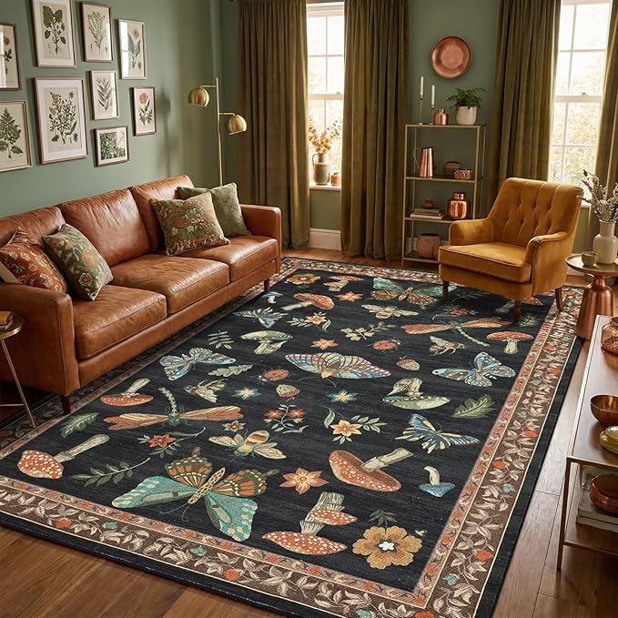 Mushroom 9x12 Area Rugs for Living Room Low-Pile Whimsical Cottage Core Insect Bug Butterfly Funky Dark Gothic Decor for Bedroom Nursery Dining Room Black Brown