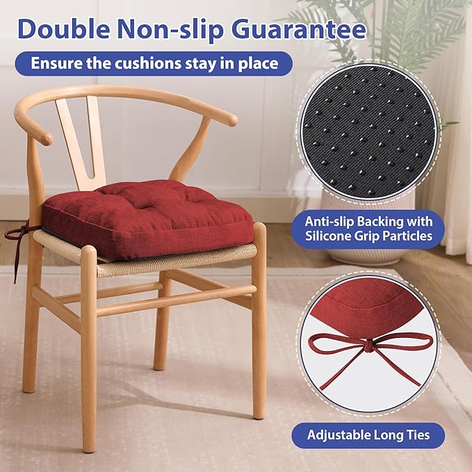 Chair Cushions for Dining Chairs, Dining Chair Cushions, Tufted Indoor Chair Pads with Ties & Non Slip Backing, Seat Cushions for Kitchen Chairs 16.5” x 16.5” x 3.5”, Set of 6, Red