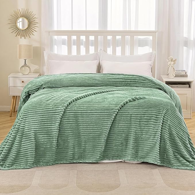 MIULEE Fleece Bed Blanket Queen Size 90"x90" 300GSM Super Soft Lightweight Plush Striped, Sage Green Warm Cozy Breathable Ribbed Blanket Full Size Throw for Sofa Couch