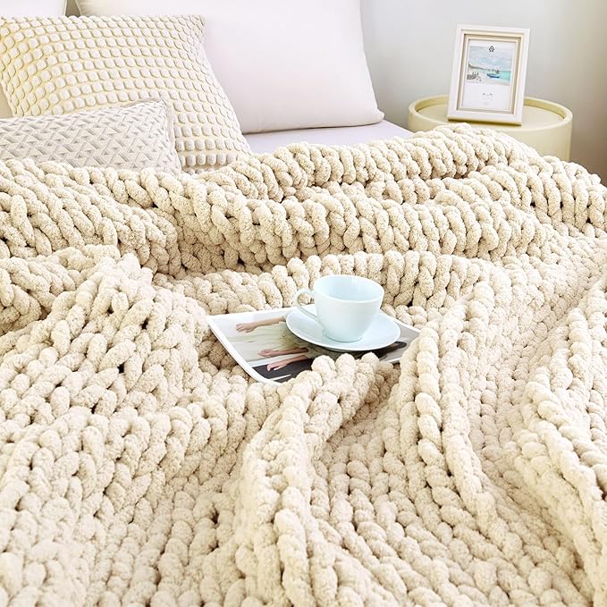 Admitrack Chunky Knit Blanket Throw, 100% Hand Knit Chenille Throw Blanket for Sofa & Home Decor, Soft and Cozy Knitted Throw Blankets (Ivory, 60"x80")