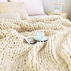 Admitrack Chunky Knit Blanket Throw, 100% Hand Knit Chenille Throw Blanket for Sofa & Home Decor, Soft and Cozy Knitted Throw Blankets (Ivory, 60"x80")