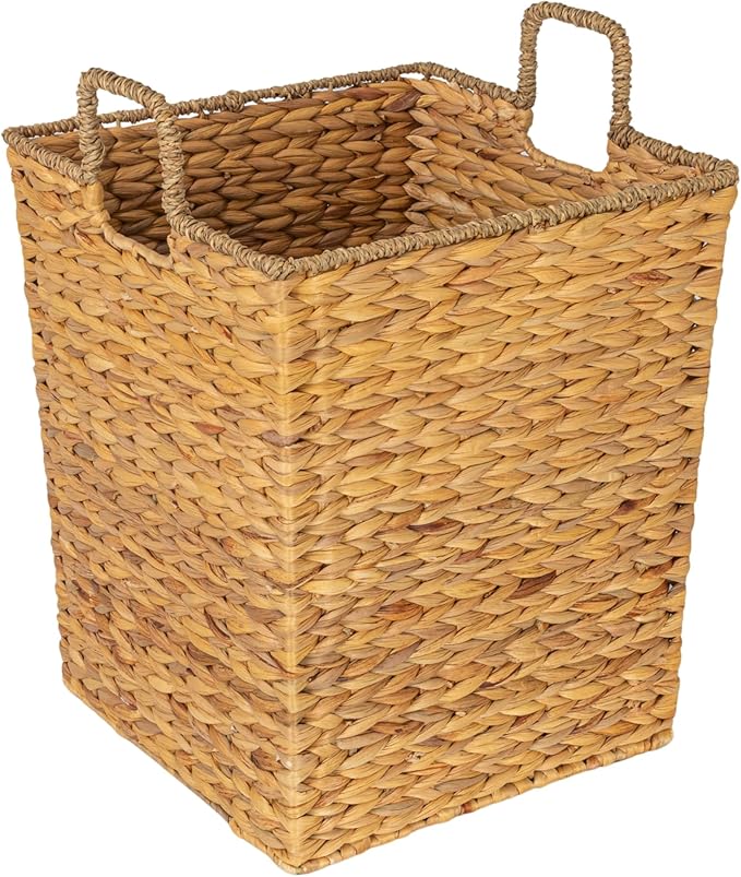 Household Essentials Square Handwoven Water Hyacinth and Seagrass Basket with Handles, Natural