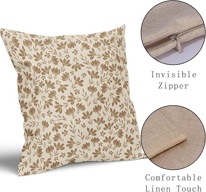 Brown Floral Pillow Covers 18x18 Set of 2 Vintage Rustic Old Style Cute Small Flower Brown Cream Print Decorative Outdoor Pillowcases Farmhouse Throw Cushion Case Decor for Couch Sofa Bed