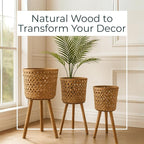 Set of 3 Woven Basket Decorative Planter Pot with Stand – Handcrafted Bamboo Pine Wood Outdoor & Indoor Plant Pot – Boho Garden & Home Decor Planters – 19", 22", & 26", Brown