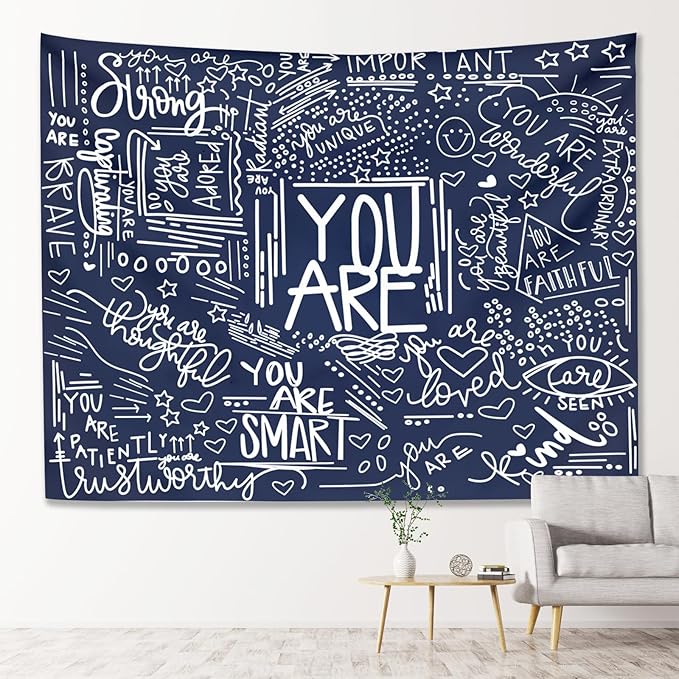 KJHL Quote You Are Wall Tapestry Blue Inspirational Classroom Kids Tapestries Wall Hanging Motivational Positive Affirmations Saying Aesthetic Tapestry for Bedroom Dorm