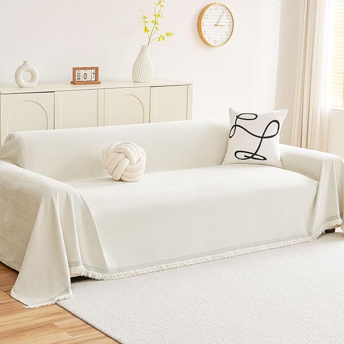 hyha Couch Cover for Dogs, Boho Sofa Covers for 3 Cushion Couch Washable, Chenille Sofa Slipcover for Pets, Soft Loveseat Sectional Couch Throw Blankets with Tassels (Beige, 71x102 Inch)