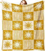 Boho Sun Face Flannel Throw Blanket, Bohemia Sunshine Yellow Birthday Gifts for Kids Men Women, Sunny Plaid Check Stripes Soft Blankets for Bedding Sofa 50" x 60"