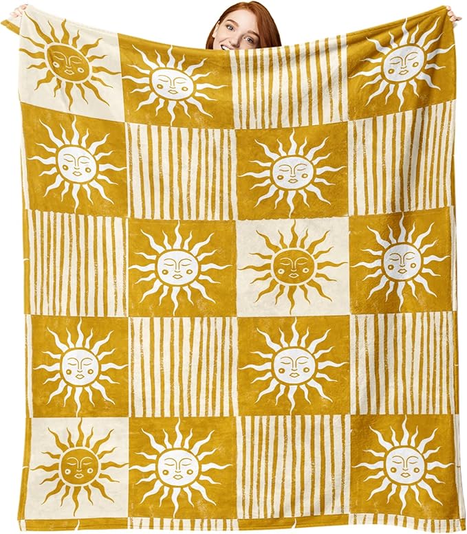 Boho Sun Face Flannel Throw Blanket, Bohemia Sunshine Yellow Birthday Gifts for Kids Men Women, Sunny Plaid Check Stripes Soft Blankets for Bedding Sofa 50" x 60"