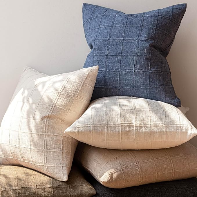 Foindtower Set of 2 Decorative Linen Check Throw Pillow Covers Neutral Farmhouse Vintage Cushion Covers Modern Coastal Boho Home Decor for Sofa Chair Couch Bedroom Living Room,16×16 Inch,Blue