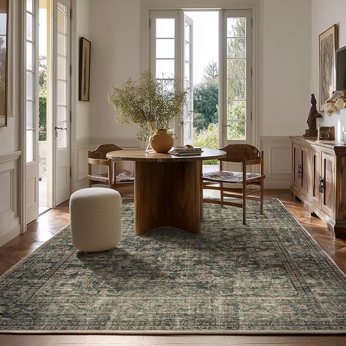 Washable Living Room Area Rug: 6x9 Area Rugs for Bedroom Vintage Stain Resistant Non Slip Low Pile Lightweight Boho Carpet for Kitchen Dining Room Farmhouse Kids Room Nursery