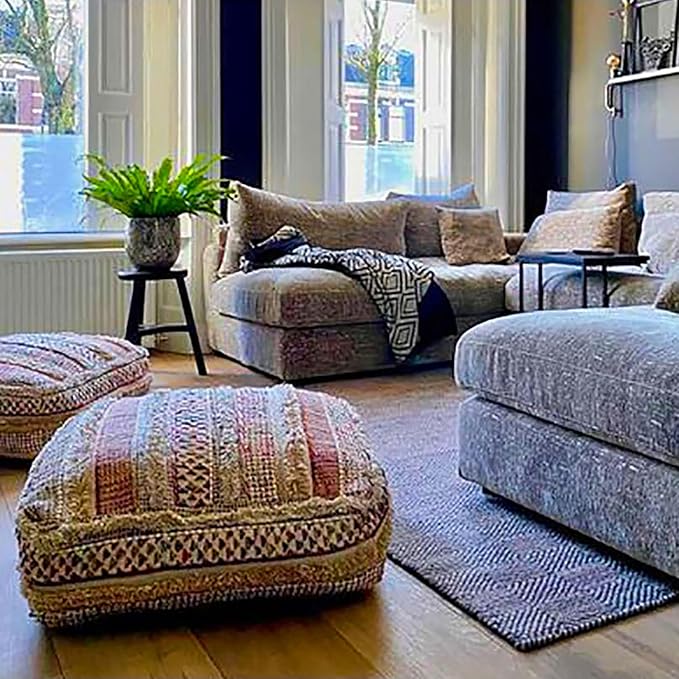 Mandala Life ART Bohemian Floor Cushion Cover - Pure Wool and Cotton Mix - 24x24x8 inches -Filler not Included - Artisan Hand Embroidery Patch Work - Boho Chic Luxury Moroccan Pouf Cover