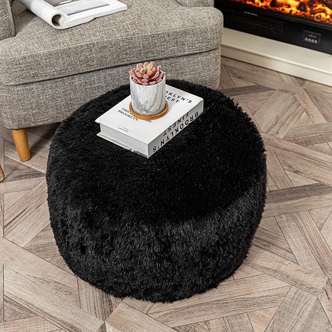 Asuprui Pouf Ottoman Floor Pouf Cover Ottoman Foot Rest NO Filler 20x20x12 Inches Round Poof Seat Floor Bean Bag Chair Foldable Floor Chair Storage for Living Room Bedroom Cover ONLY Black