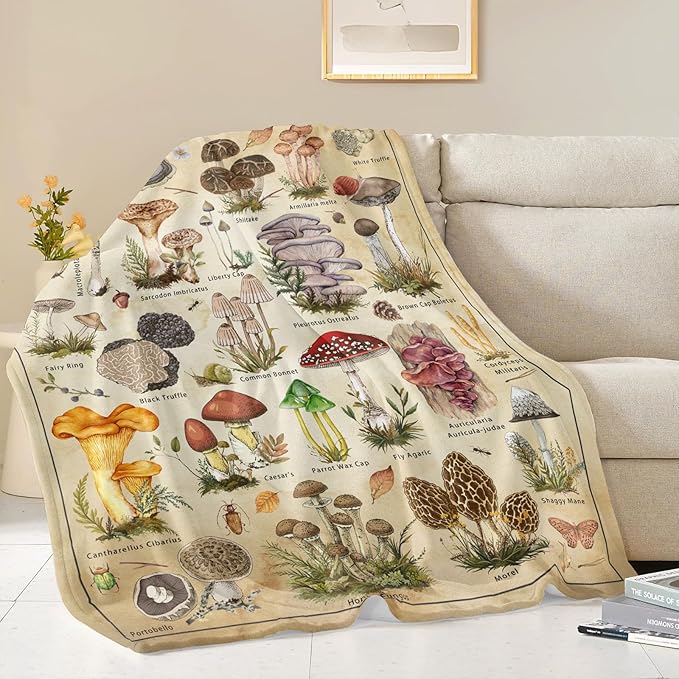 Mushroom Throw Blanket, Retro Soft Cozy and Warm Couch Blankets Gift for Mushroom Lover, Decorative Blankets for Sofa Couch Bed, Beige White 50×60 inches