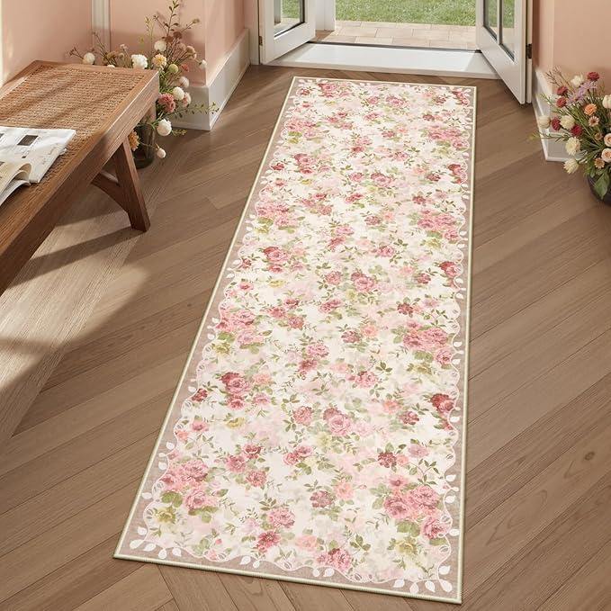 Lahome Floral Runners for Hallways Non Slip, 2x6 Washable Kitchen Runner Rug, Soft Boho Throw Carpet for Girls Bedside Bedroom Laundry Bathroom Nina Beige/Pink/Multi