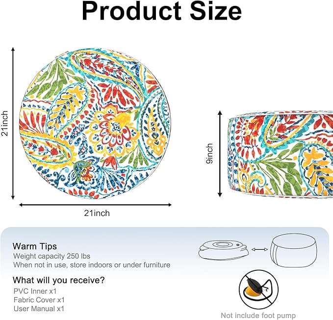 Inflatable Ottoman Stool D21 xH9 for Outdoor/Indoor Use, Water Repellent Patio Foot Rest Stool with Portable Handle,Round Pouf Ottoman Suitable for Garden,Deck and Camping - Paisley Multi