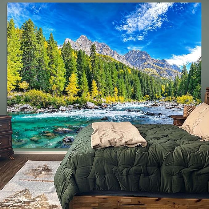 Accnicc Nature Forest Mountain Tapestry Green Pine Tree Wall Tapestry for Bedroom Aesthetic Woods Flowing River Landscape Large Tapestries Wall Hanging for Dorm Living Room Decor 80 x 60 Inch