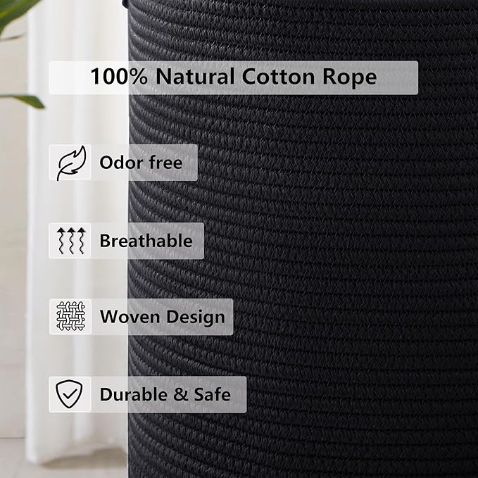 60L Black Woven Rope Hamper Laundry Basket for Clothes Tall Modern Blanket Storage Basket in Living Room Bedroom 15Dx20H inches
