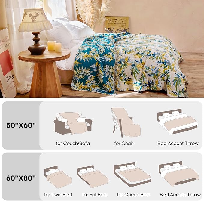 Boho Throw Blanket 50"x60" 100% Cotton Couch Tassel Blanket with Leaf Pattern,Soft Breathable Lightweight Spring Decorative Reversible Blankets for Sofa Bed Decor All Season