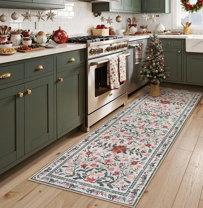 Lahome Christmas Runner Rugs 2x6 Kitchen Decor, Entry Way Rugs with Botanical Holly Berries, Non-Slip Thin Mat for Hallway Front Door Cottagecore Indoor Decor