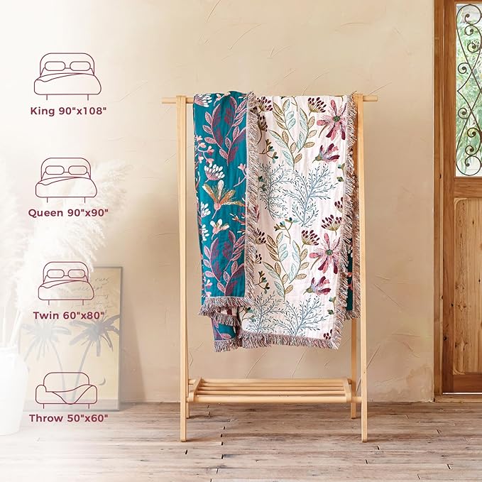 Boho Throw Blanket for Bed Cotton Spring Blankets Bedroom Living Room Twin All Season Lightweight Floral Embroidery Quilt for Couch Sofa Chair 60"x80"